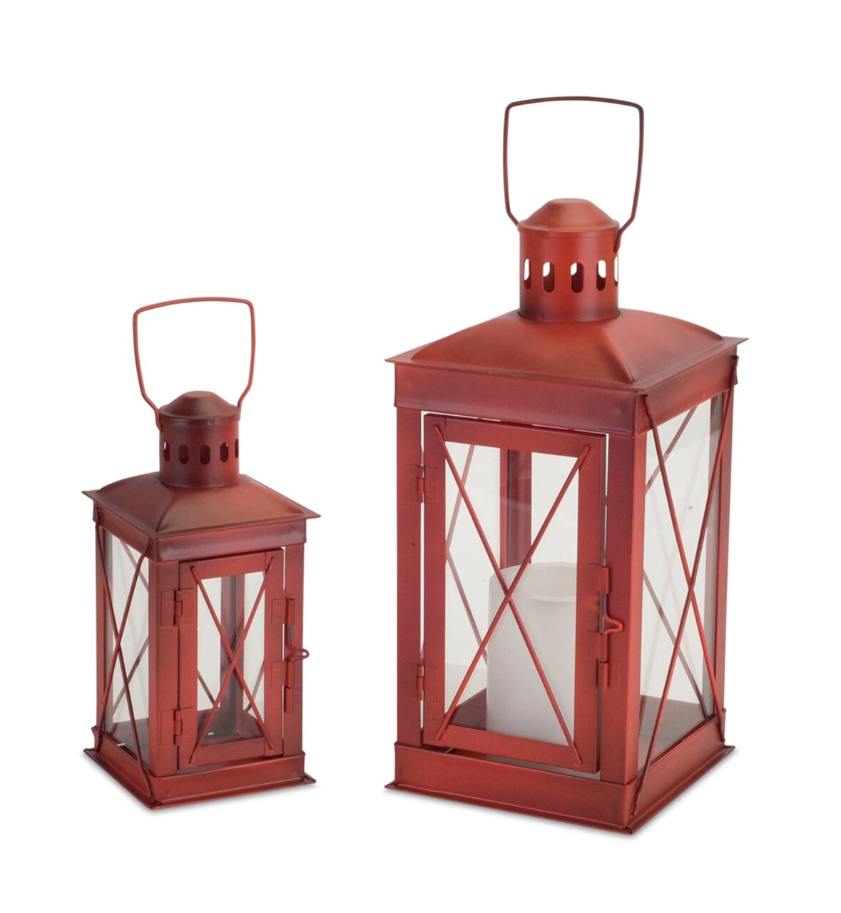Melrose Weathered Candle Lanterns with Handle - 12” - Red - Set of 2